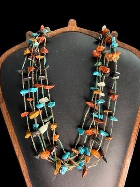 6-Strand Southwest Stone Chip Necklace Turquoise Carnelian Jet 19”
